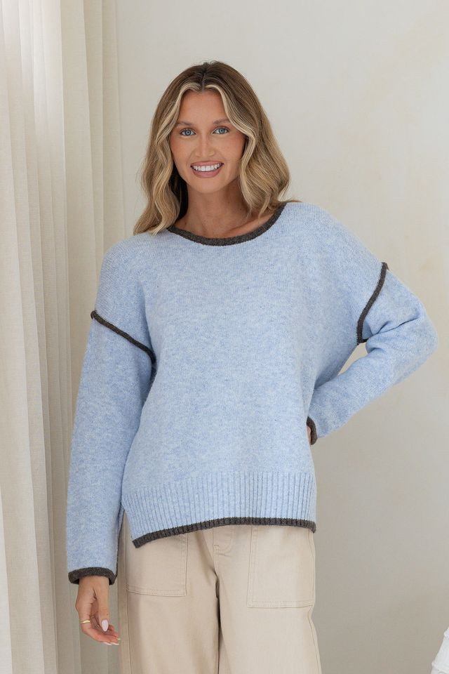 Contrast Trim Knit - Blue/Chocolate