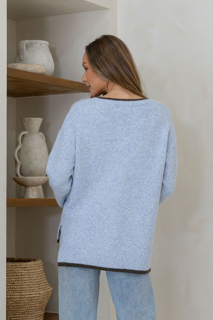 Contrast Trim Knit - Blue/Chocolate