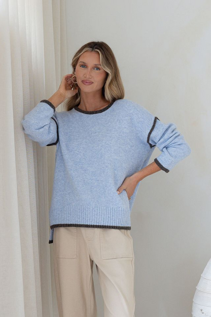 Contrast Trim Knit - Blue/Chocolate
