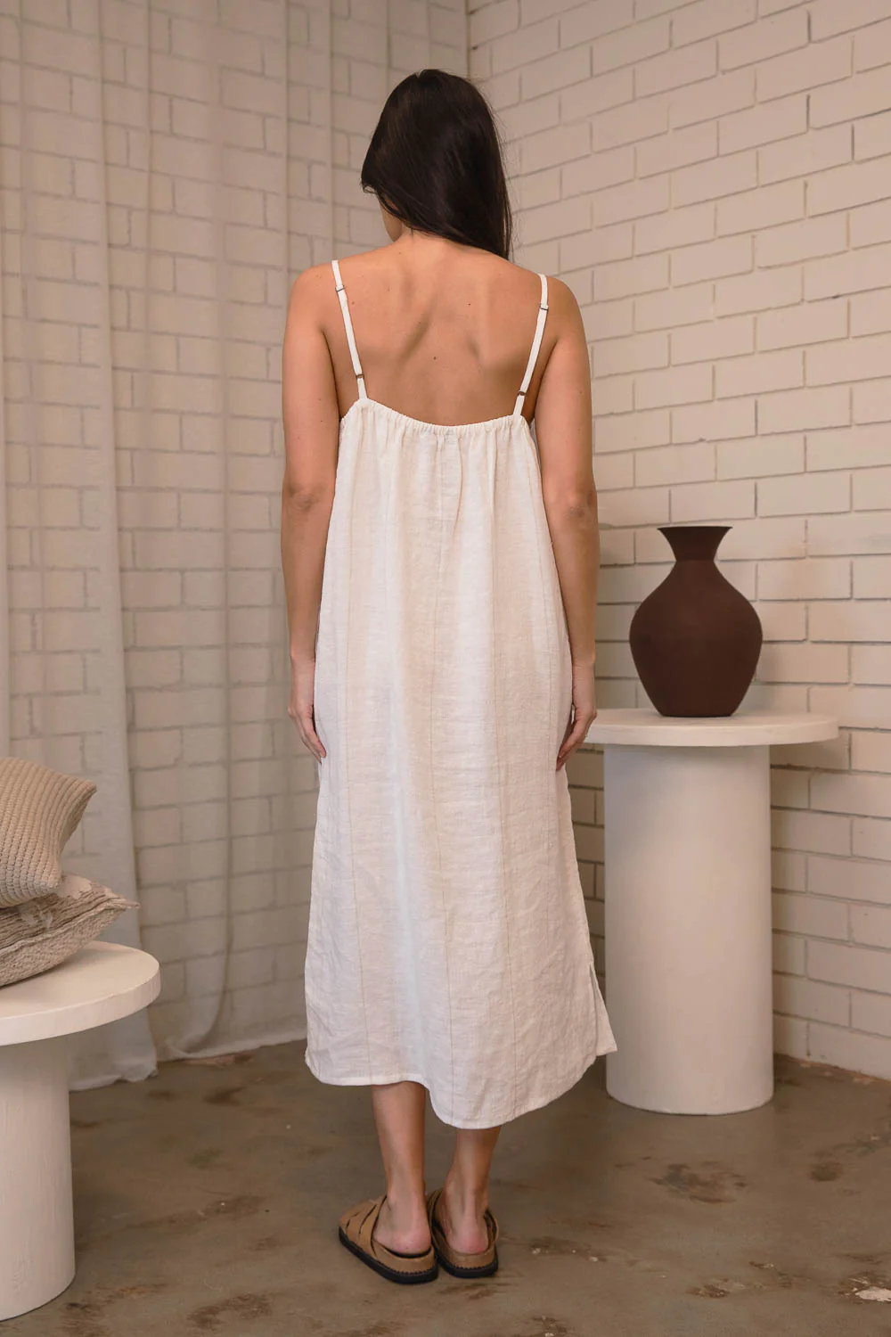 Carter Fundamental Linen Midi Slip Dress - Off White Natural Fine Stripe