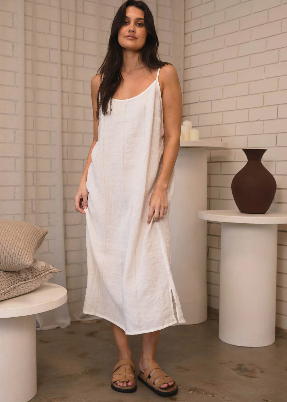 Carter Fundamental Linen Midi Slip Dress - Off White Natural Fine Stripe