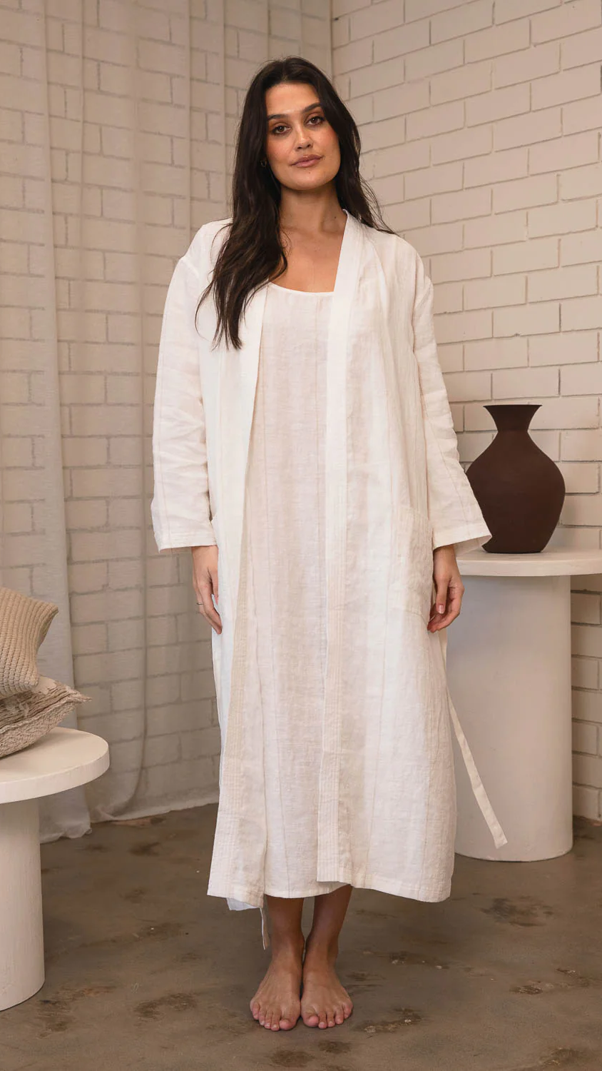 Carter Fundamental Linen Midi Slip Dress - Off White Natural Fine Stripe