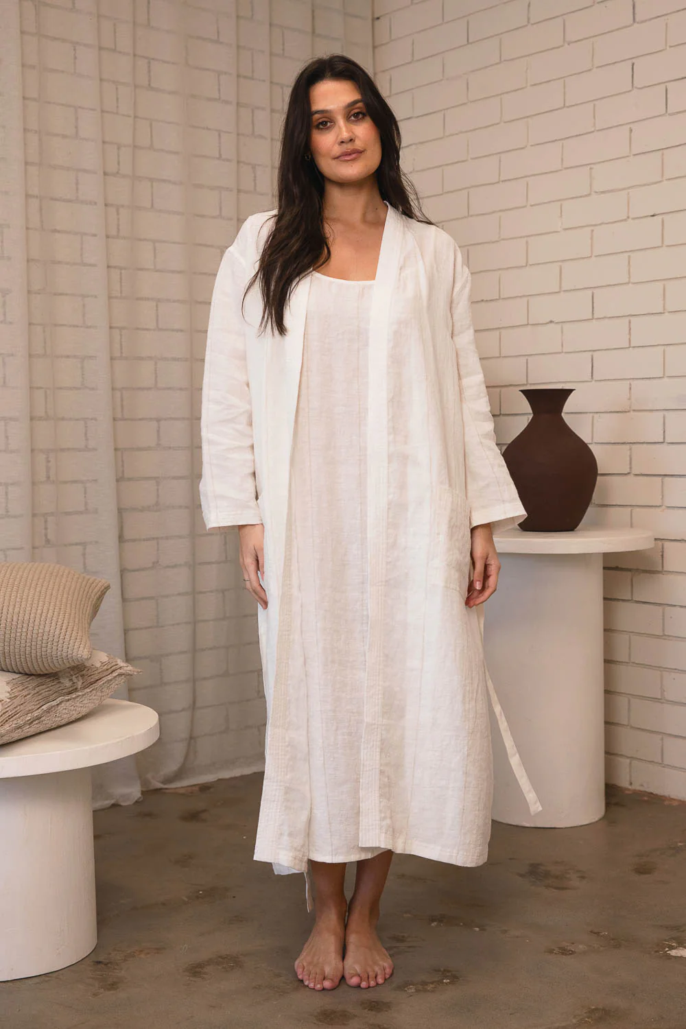 Carter Fundamental Linen Midi Slip Dress - Off White Natural Fine Stripe
