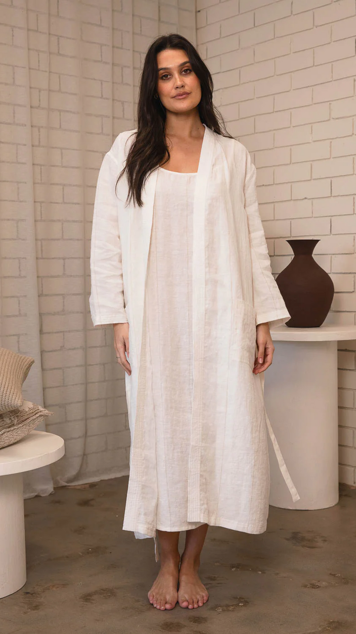 Carter Fundamental Linen Midi Slip Dress - Off White Natural Fine Stripe