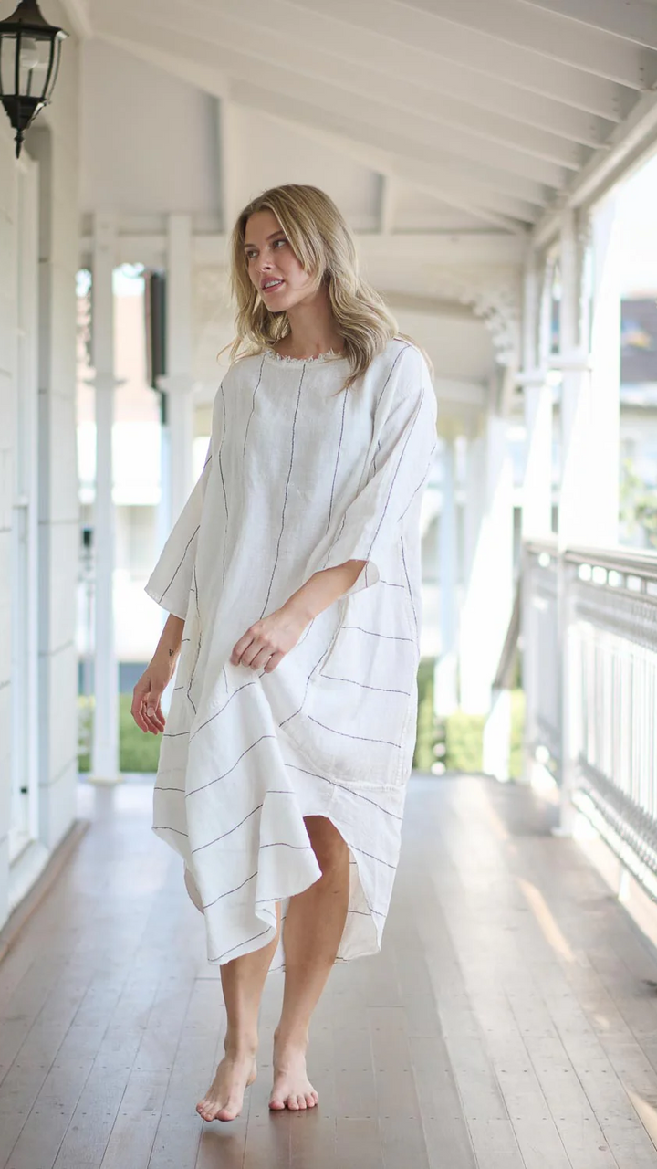 Carter Malle Linen Dress - White Charcoal Fine Stripe