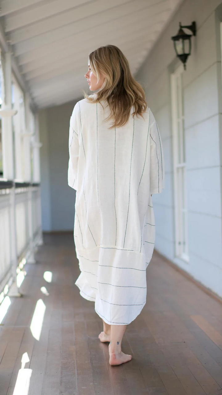 Carter Malle Linen Dress - White Charcoal Fine Stripe