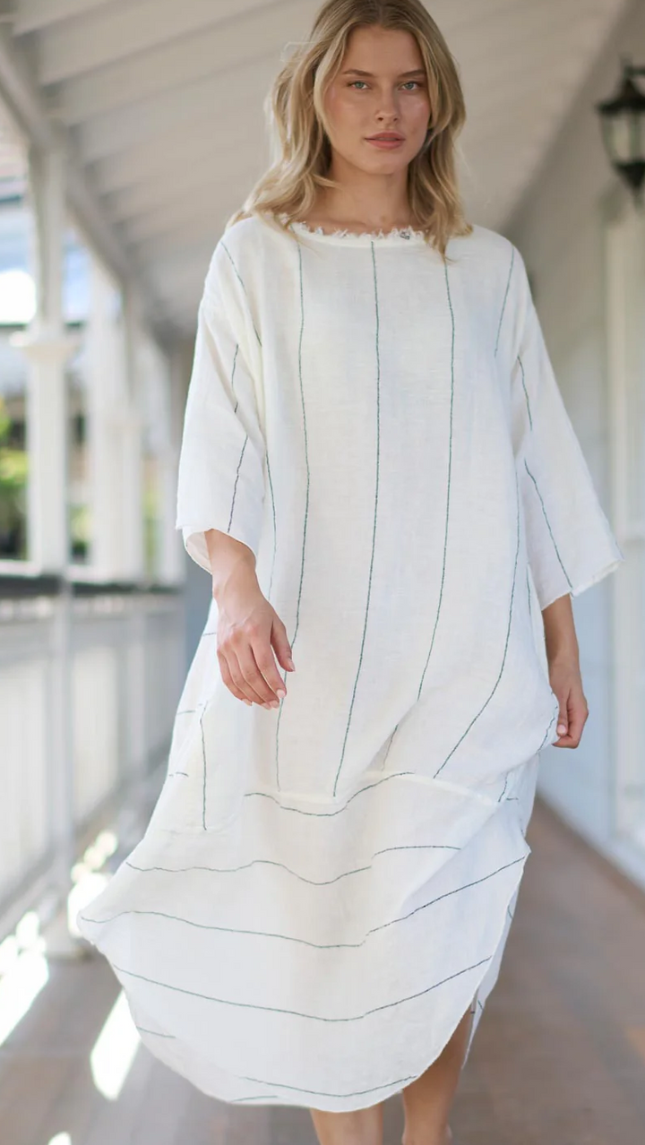 Carter Malle Linen Dress - White Charcoal Fine Stripe