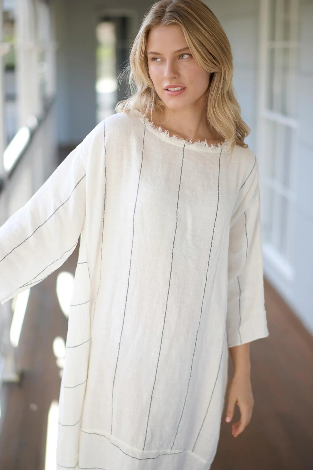 Carter Malle Linen Dress - White Charcoal Fine Stripe