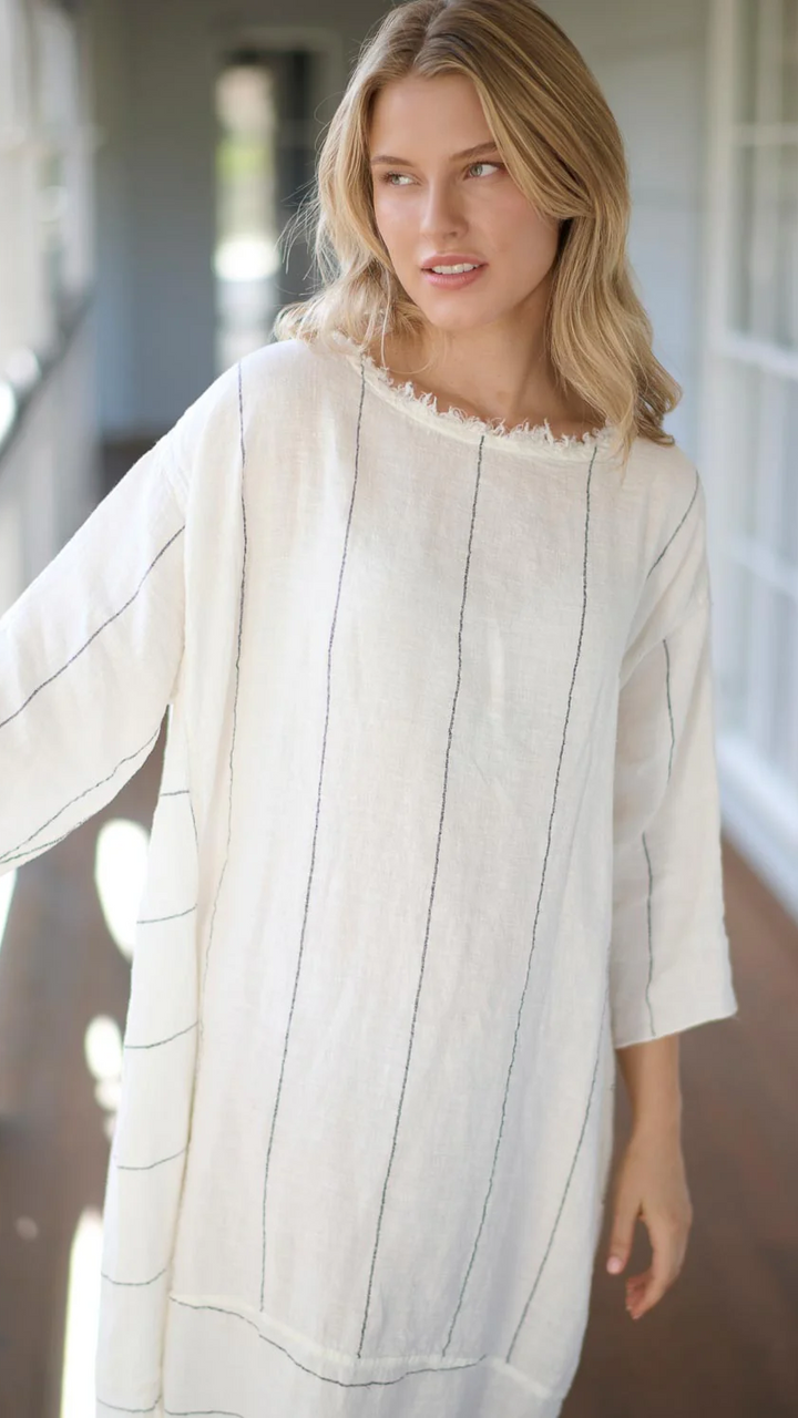 Carter Malle Linen Dress - White Charcoal Fine Stripe