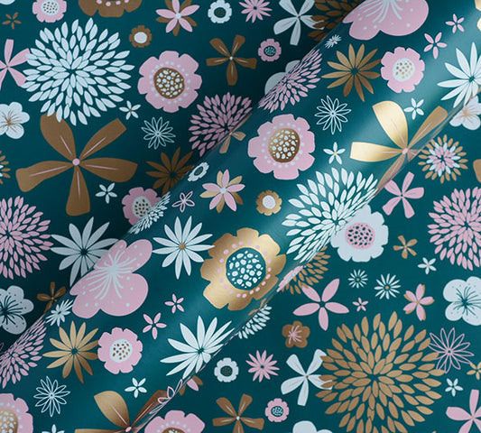 Flower Burst Gift Wrap - Green/Pink/Gold