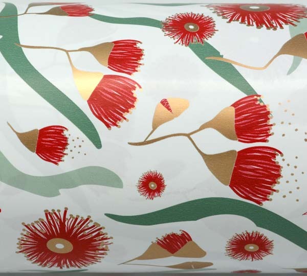 Flowering Gum Gift Wrap - Red/Sage/Gold On White