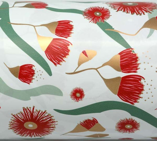 Flowering Gum Gift Wrap - Red/Sage/Gold On White