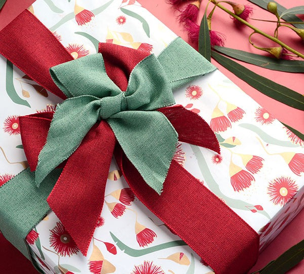 Flowering Gum Gift Wrap - Red/Sage/Gold On White
