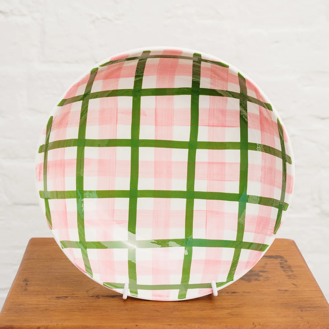 Gingham Salad Bowl - Pink & Dark Green