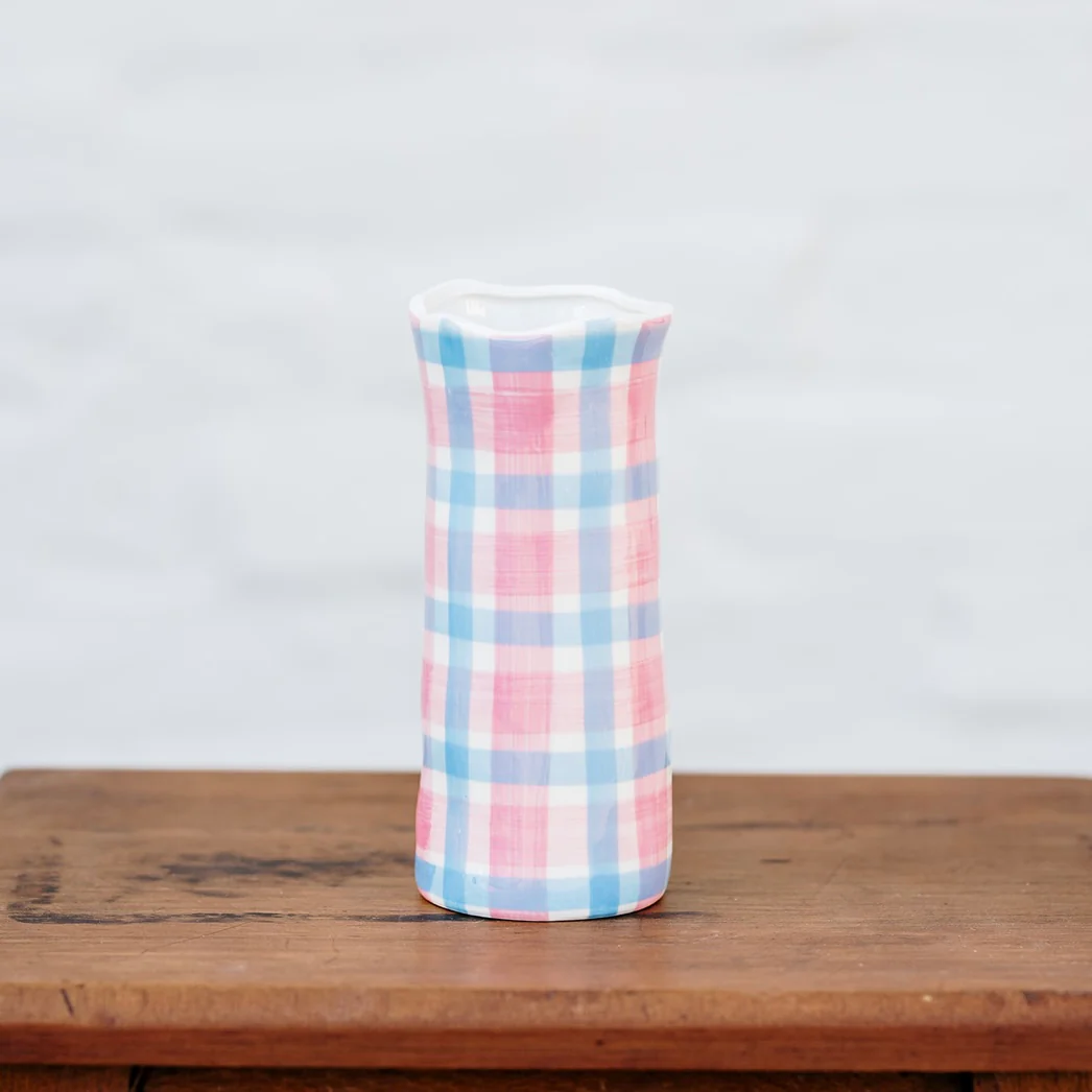 Small Gingham Vase - Pink & Cornflower Blue