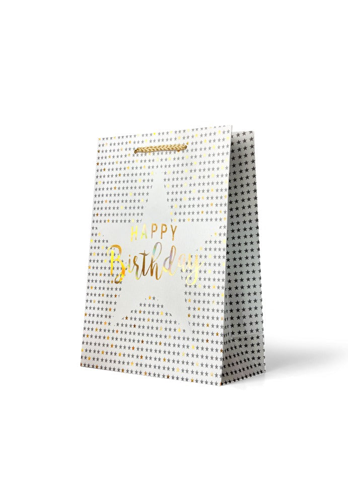 Gift Bag Medium - Foiled “Happy Birthday” Gold on Silver Stars