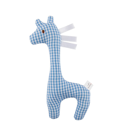 Gingham Giraffe Rattle – Blue