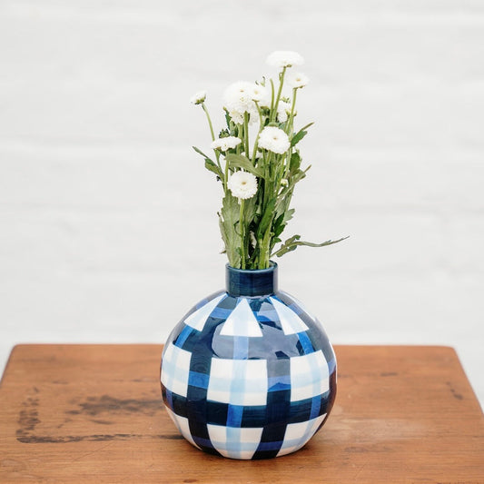 Gingham Round Bud Vase - Navy & Cornflower Blue