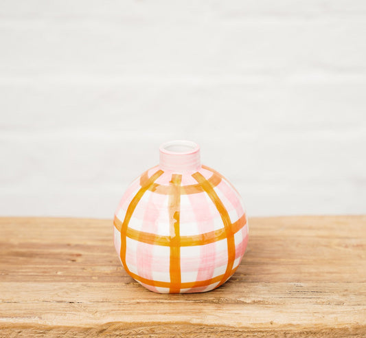 Gingham Round Bud Vase - Pink & Orange