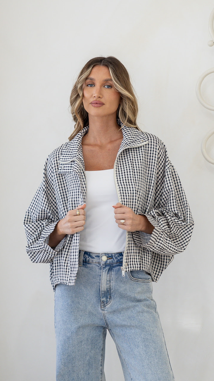 Gingham Zip Front Spring Jacket - Black/White