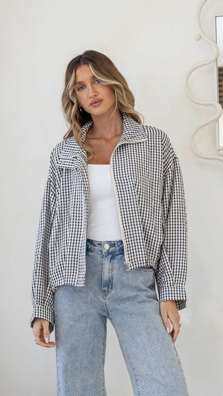 Gingham Zip Front Spring Jacket - Black/White