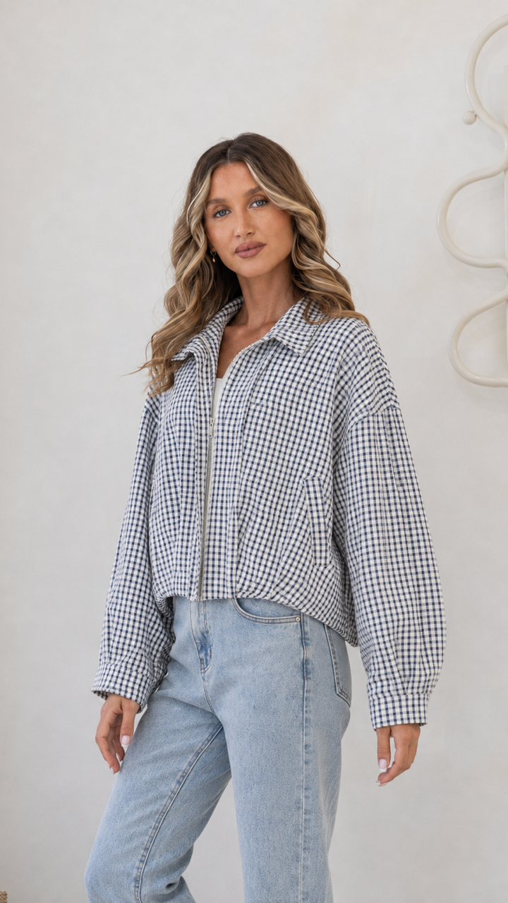 Gingham Zip Front Spring Jacket - Navy/White