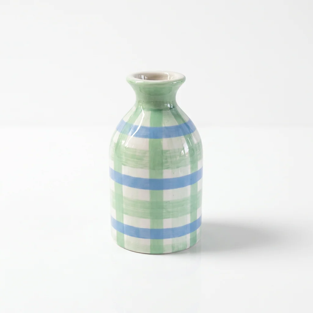 Gingham Bud Vase - Mint Green &amp; Cornflower Blue