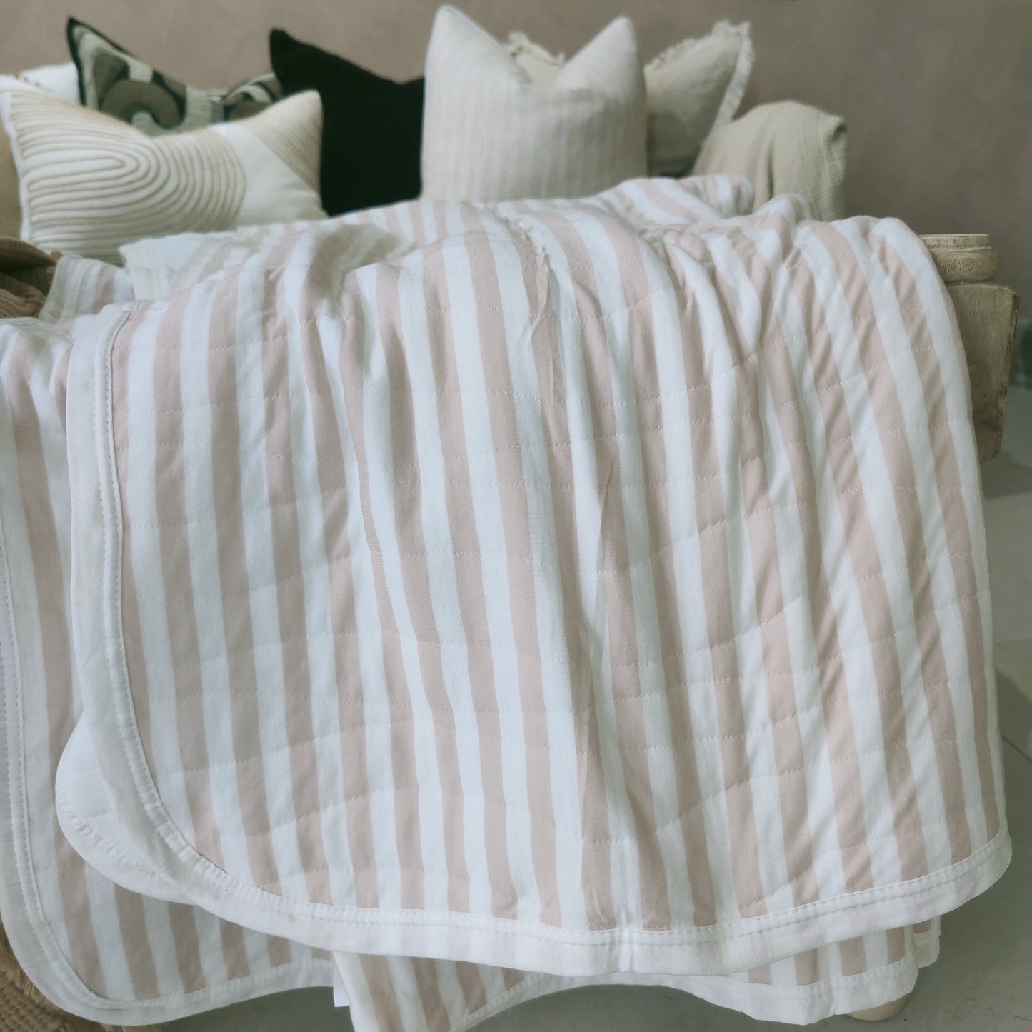 Cannes Cotton Quilted Bed Cover Massive Blanket - Light Pink Striped