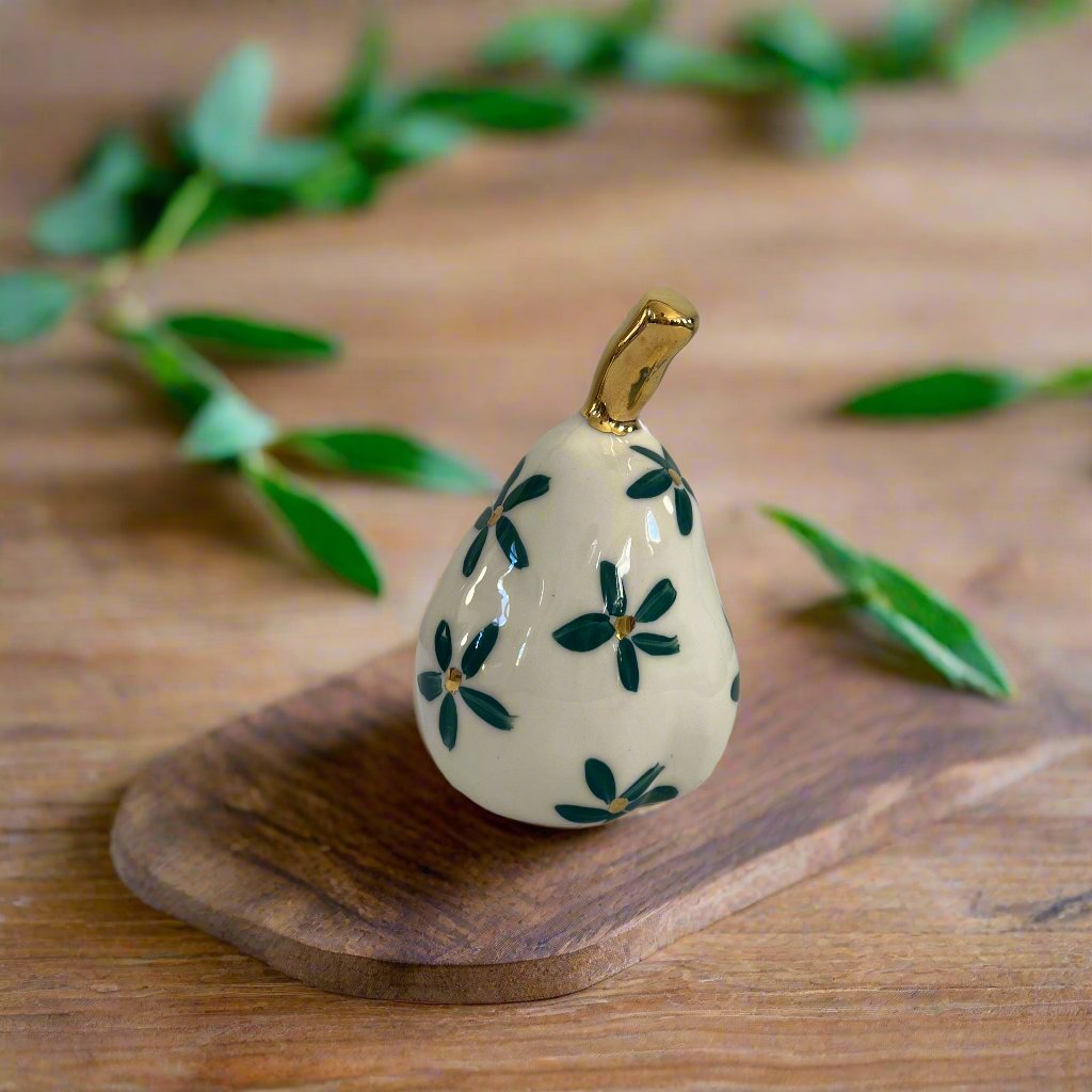 Large Ceramic Pear with Golden Stalk - Green Gold Flower