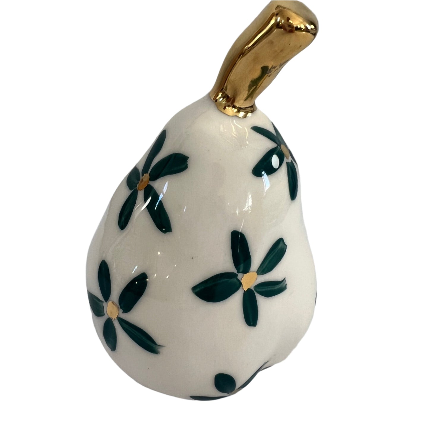 Large Ceramic Pear with Golden Stalk - Green Gold Flower