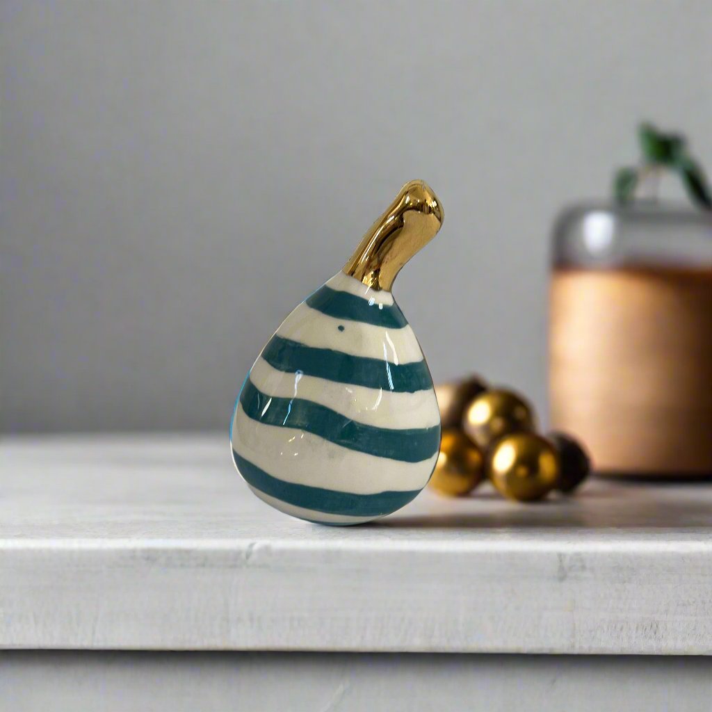Medium Ceramic Pear with Golden Stalk - Green Stripe