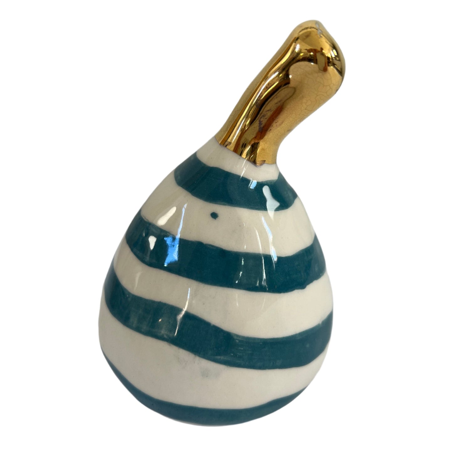 Medium Ceramic Pear with Golden Stalk - Green Stripe