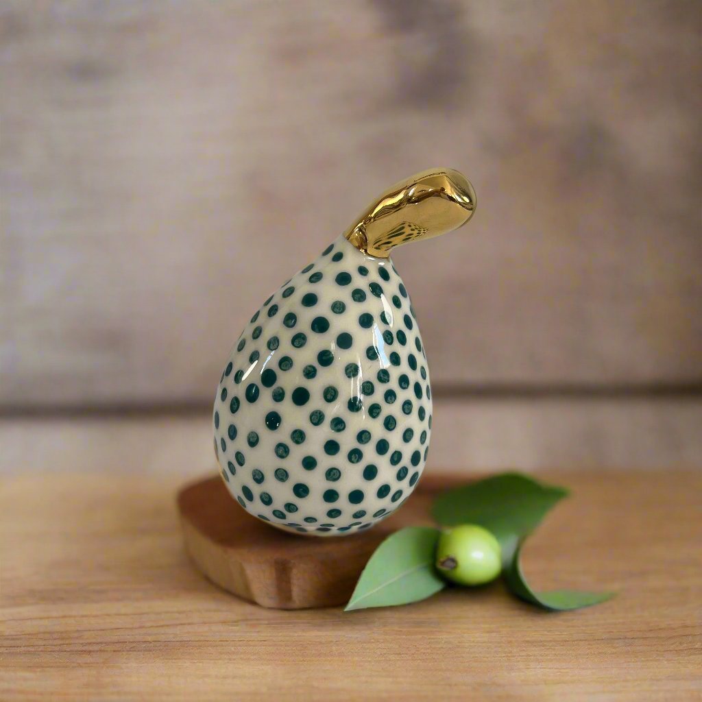 Medium Ceramic Pear with Golden Stalk - Green Spot