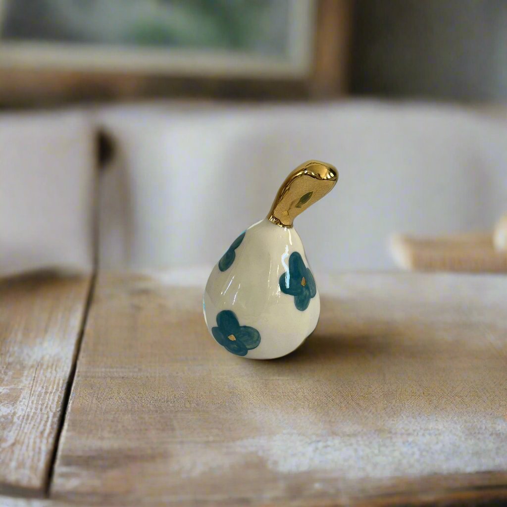 Small Ceramic Pear with Golden Stalk - Green Gold Flower
