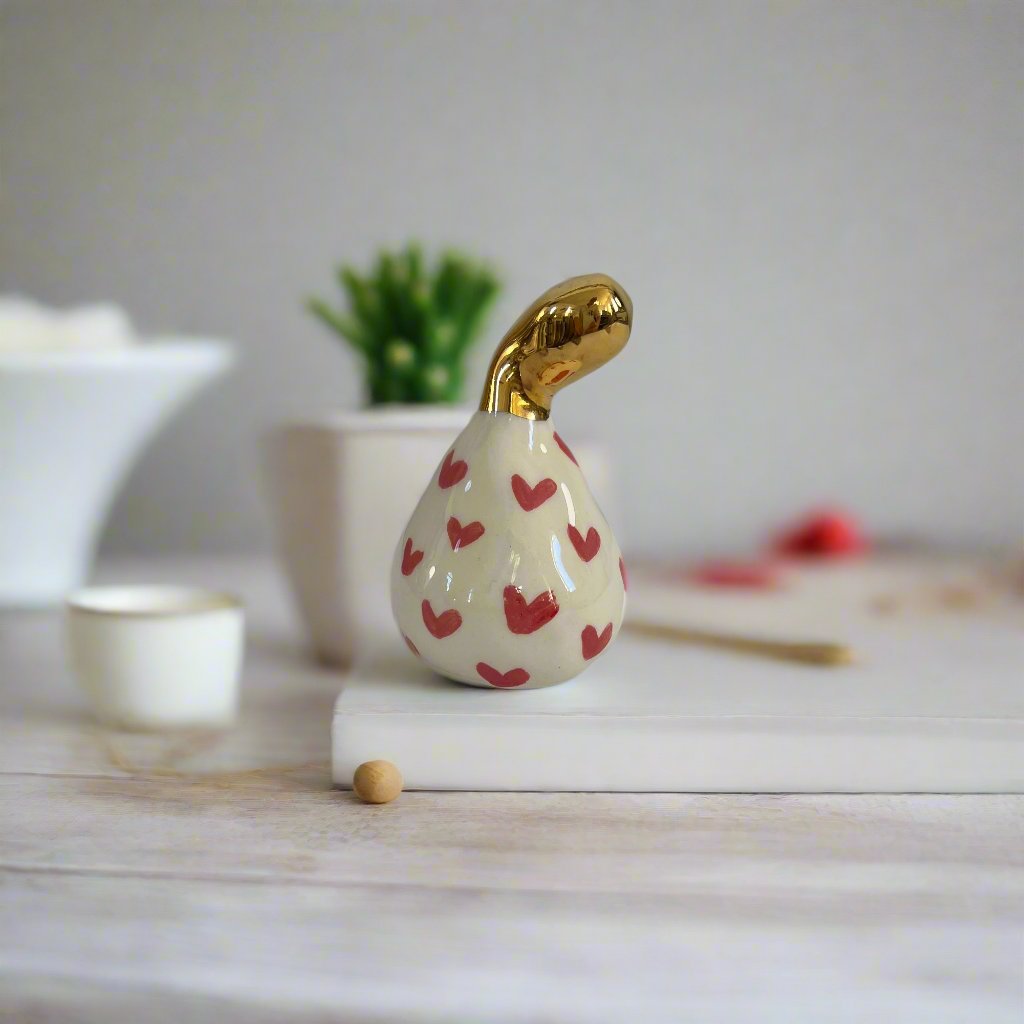 Mini Ceramic Pear with Golden Stalk - Red Heart