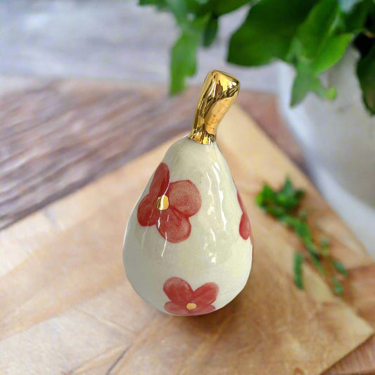 Large Ceramic Pear with Golden Stalk - Red Flower