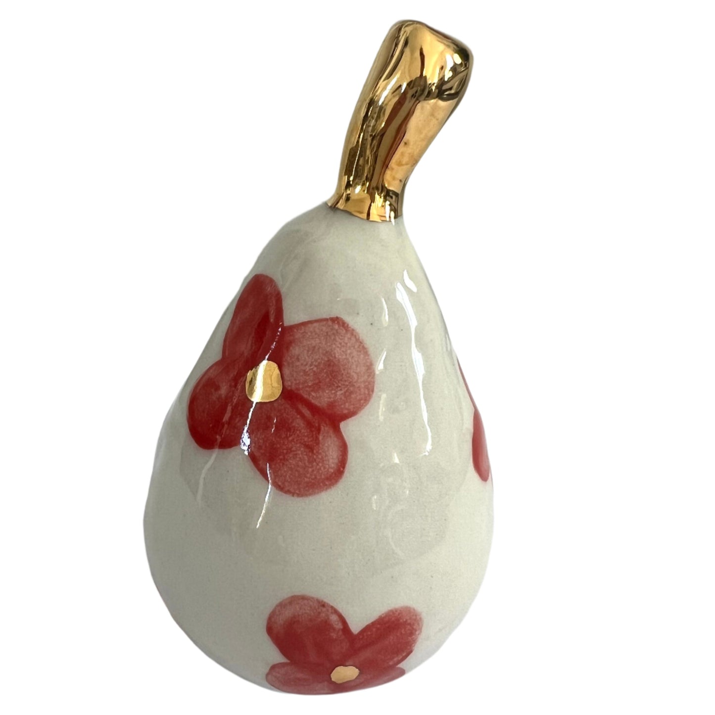 Large Ceramic Pear with Golden Stalk - Red Flower