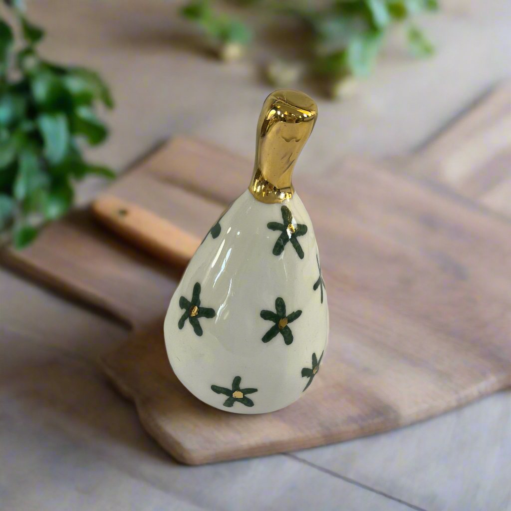 Large Ceramic Pear with Golden Stalk - Dark Green Gold Flower