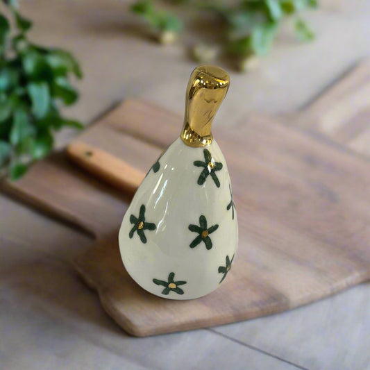 Large Ceramic Pear with Golden Stalk - Dark Green Gold Flower