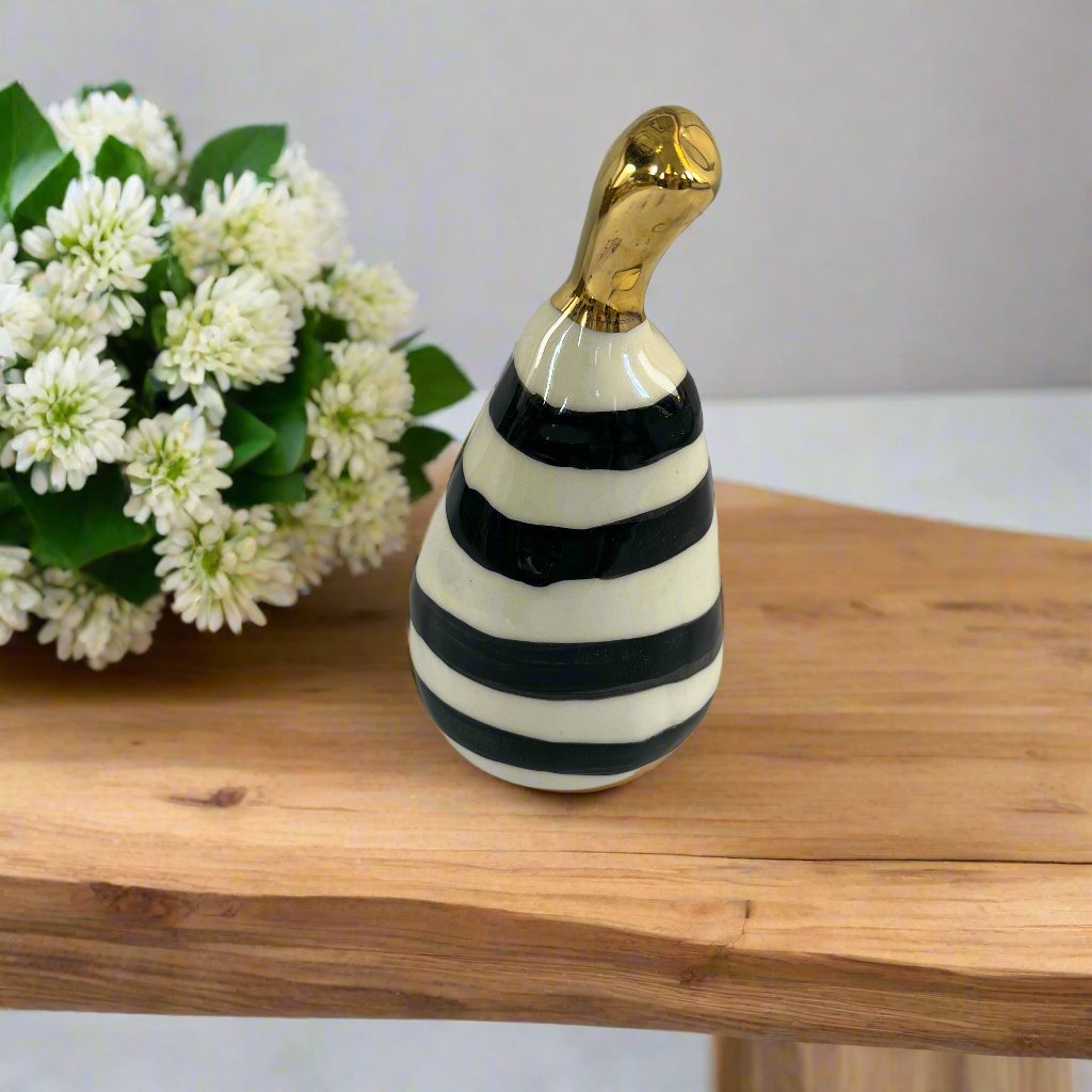Large Ceramic Pear with Golden Stalk - Black Stripe