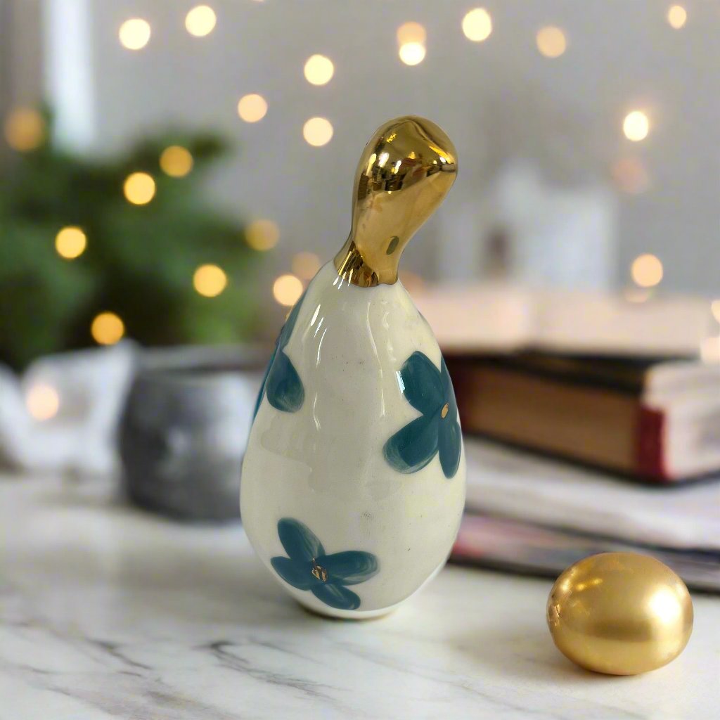 Medium Ceramic Pear with Golden Stalk - Green Flower