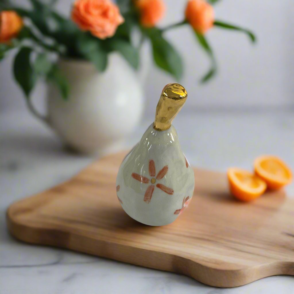Medium Ceramic Pear with Golden Stalk - Orange Flower