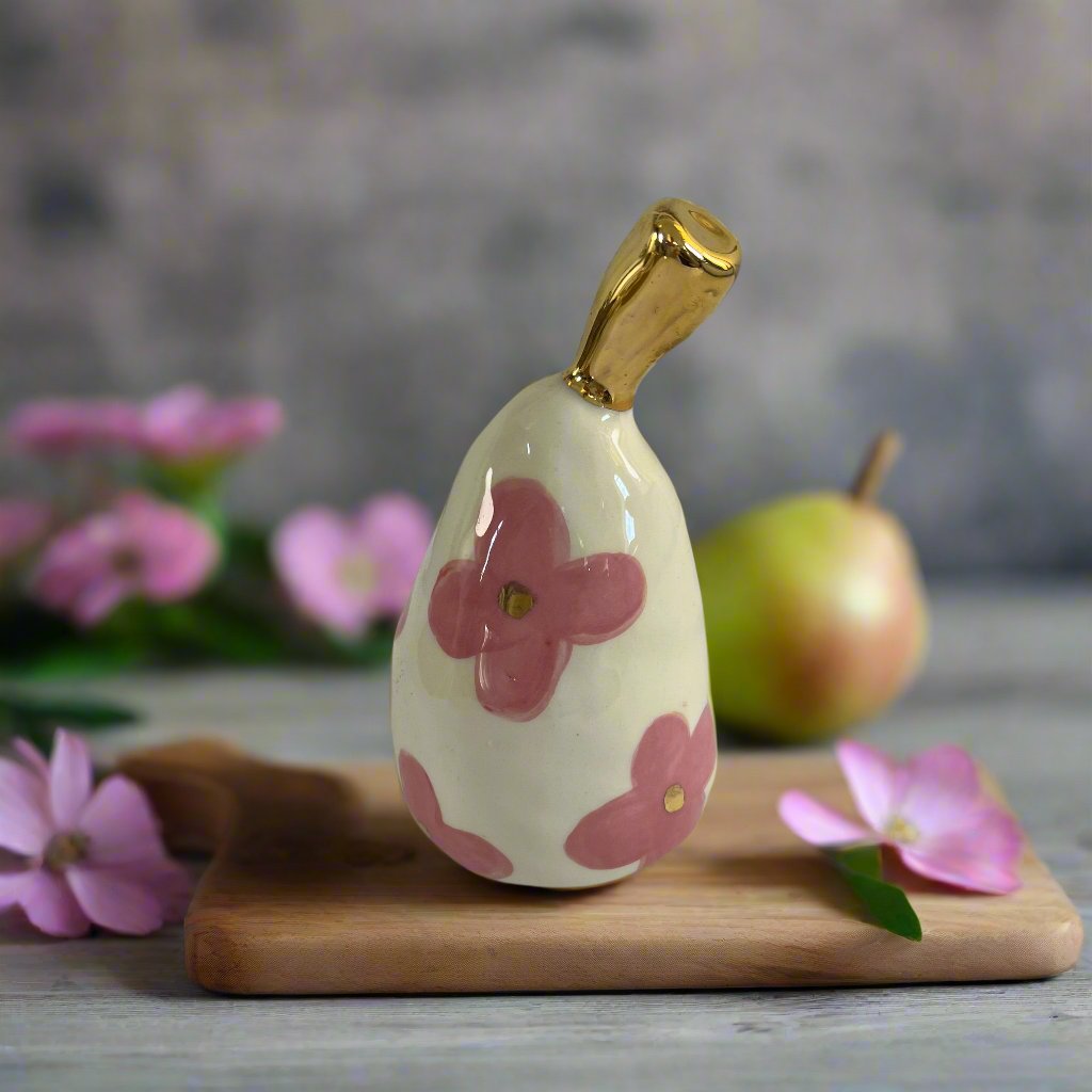 Large Ceramic Pear with Golden Stalk - Pink Flower
