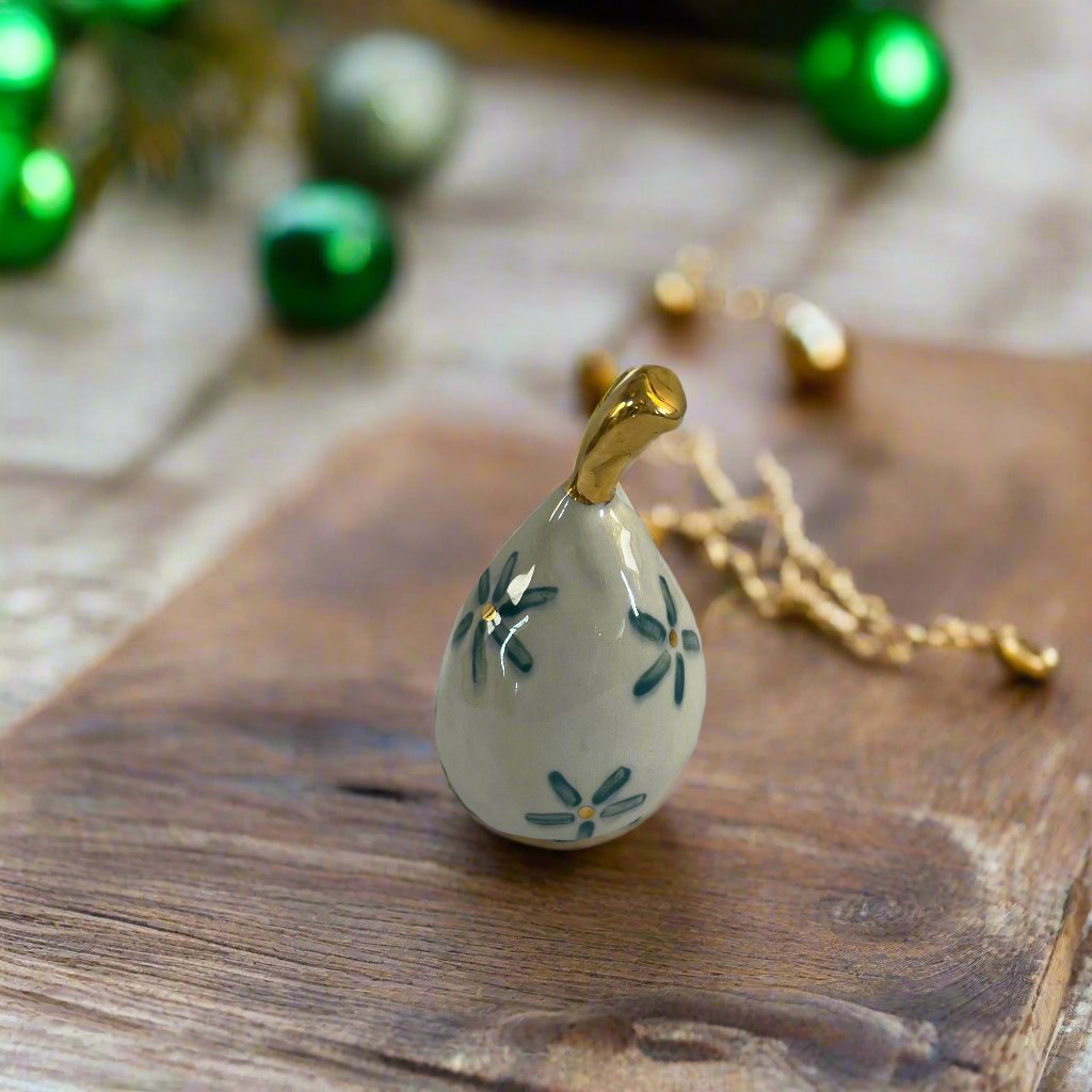 Small Ceramic Pear with Golden Stalk - Fine Green Gold Flower