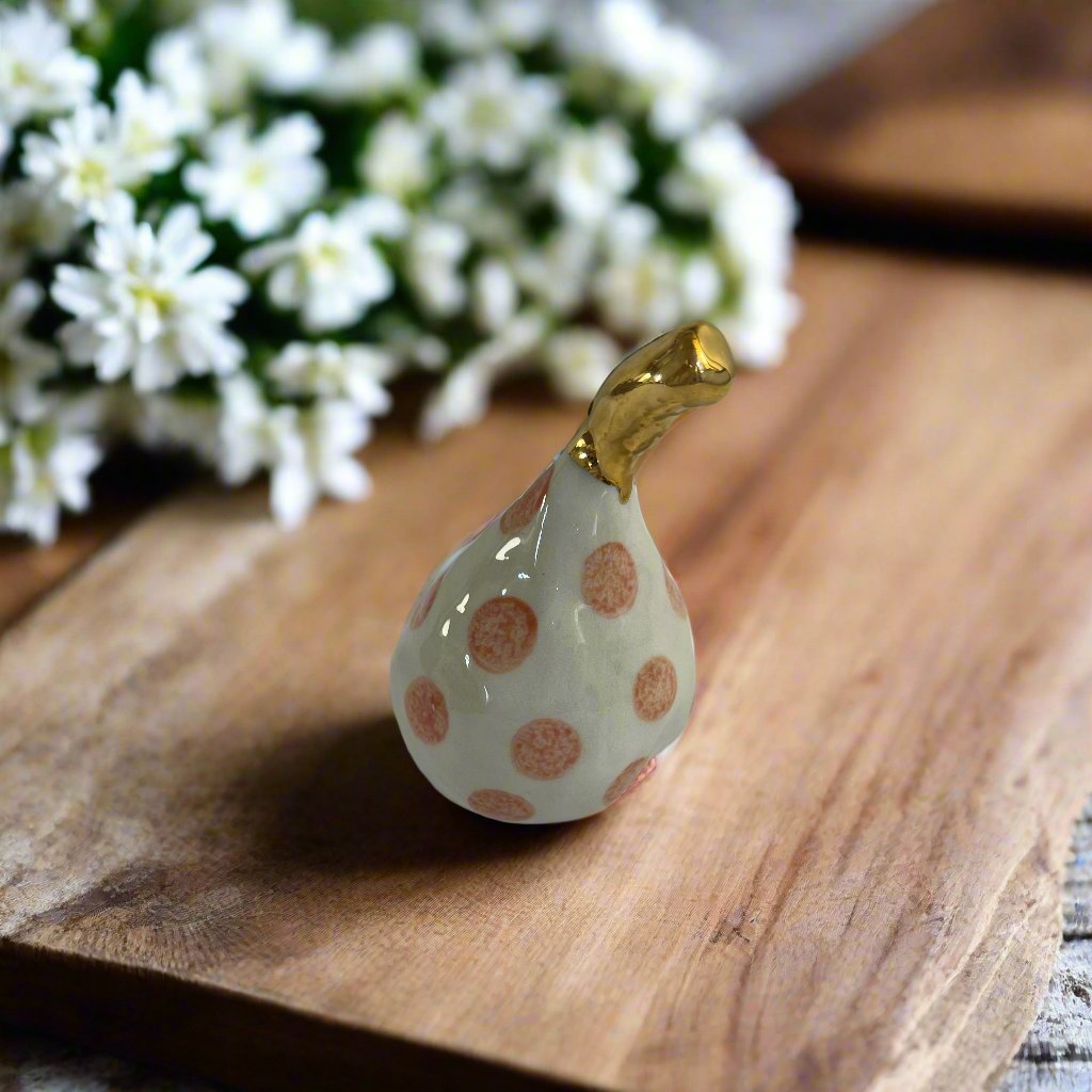 Small Ceramic Pear with Golden Stalk - Pink Spot
