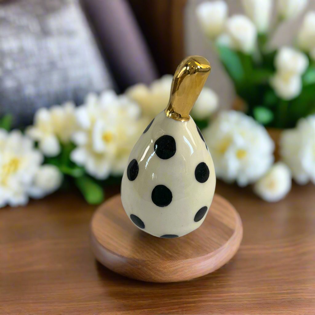 Medium Ceramic Pear with Golden Stalk - Black Spot