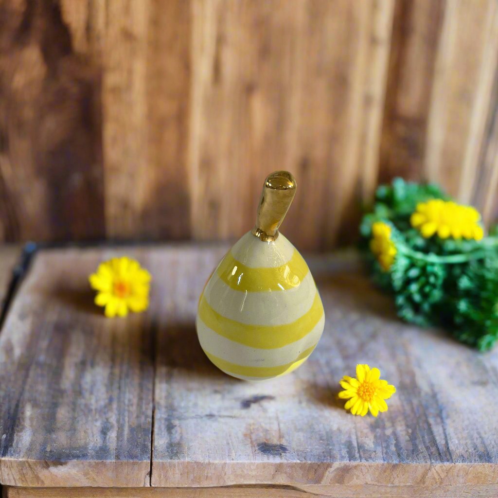 Small Ceramic Pear with Golden Stalk - Yellow Stripe