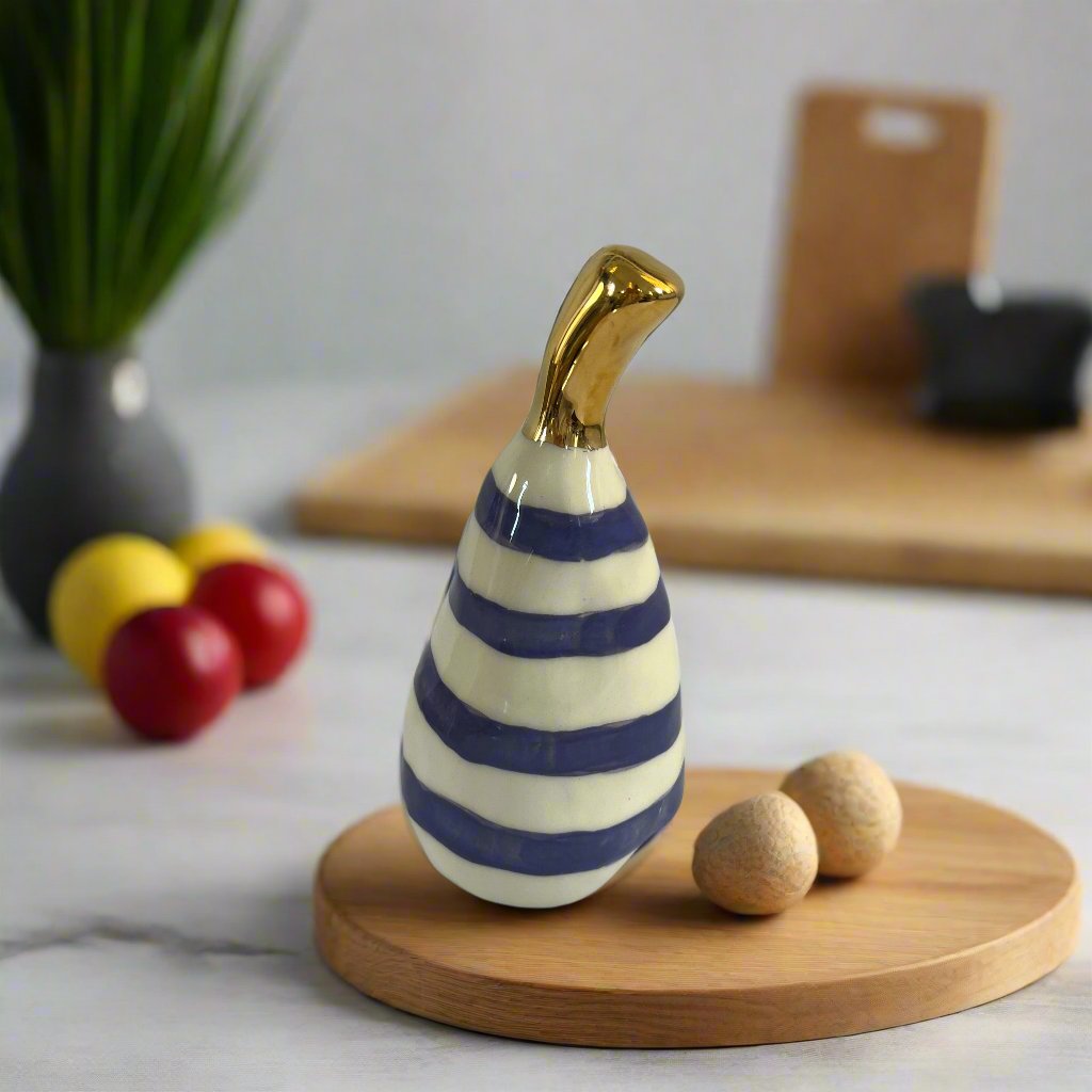 Large Ceramic Pear with Golden Stalk - Purple Stripe