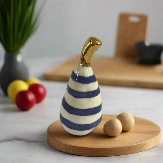 Large Ceramic Pear with Golden Stalk - Purple Stripe