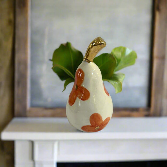 Large Ceramic Pear with Golden Stalk - Orange Flower